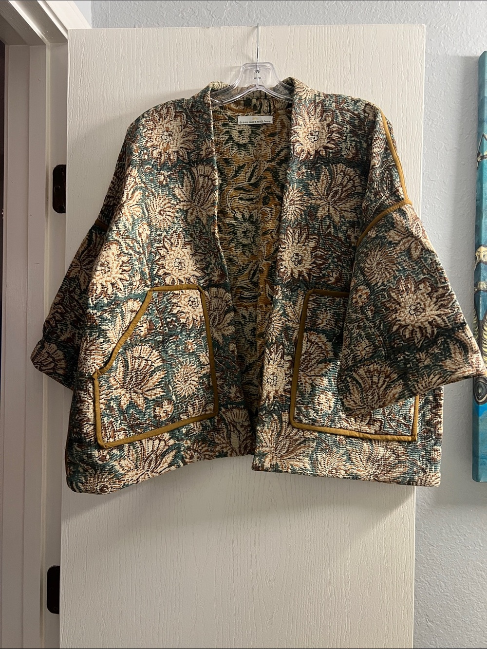 Quilted Floral Kimono Jacket in Teal and Cream with Mustard Trim